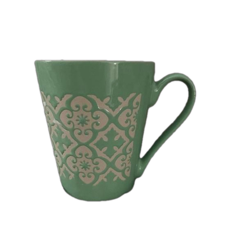 Home Windcrest Green White Embossed Lace Pattern Coffee Mug /Cup